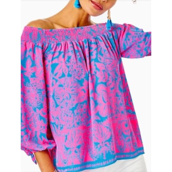 Lilly Pulitzer Tops - Lilly Pulitzer Maryellen Top Off Shoulder Small Smocked Blouse Aura Pink EUC